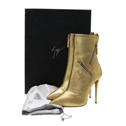 مملوكة مسبقًا Giuseppe Zanotti Metallic Gold Leather Multi Zip Detail Pointed Boots Size 38