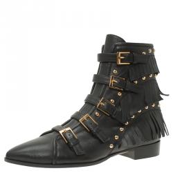 مملوكة مسبقًا Giuseppe Zanotti Black Leather Studded and Fringed Buckled Ankle Boots Size 38.5