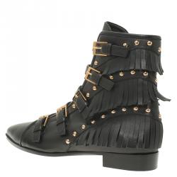 مملوكة مسبقًا Giuseppe Zanotti Black Leather Studded and Fringed Buckled Ankle Boots Size 38.5