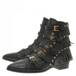 مملوكة مسبقًا Giuseppe Zanotti Black Leather Studded and Fringed Buckled Ankle Boots Size 38.5