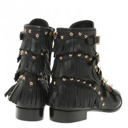 مملوكة مسبقًا Giuseppe Zanotti Black Leather Studded and Fringed Buckled Ankle Boots Size 38.5