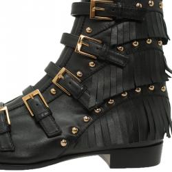 مملوكة مسبقًا Giuseppe Zanotti Black Leather Studded and Fringed Buckled Ankle Boots Size 38.5