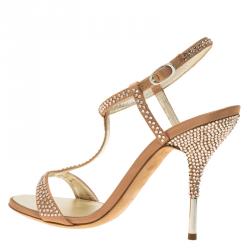 Pre Owned صندل جوسيبي زانوتي ساتان وردي كريستال مرصع سير حرف T مقاس 37