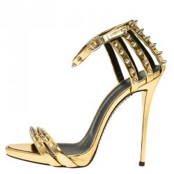 Pre Owned Giuseppe Zanotti Gold Metallic Spike Leather Ankle Strap Sandals Size 37