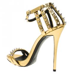 Pre Owned Giuseppe Zanotti Gold Metallic Spike Leather Ankle Strap Sandals Size 37