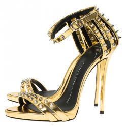 Pre Owned Giuseppe Zanotti Gold Metallic Spike Leather Ankle Strap Sandals Size 37