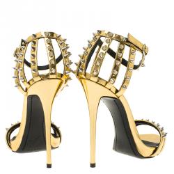 Pre Owned Giuseppe Zanotti Gold Metallic Spike Leather Ankle Strap Sandals Size 37