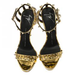 Pre Owned Giuseppe Zanotti Gold Metallic Spike Leather Ankle Strap Sandals Size 37