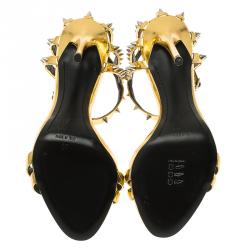 Pre Owned Giuseppe Zanotti Gold Metallic Spike Leather Ankle Strap Sandals Size 37