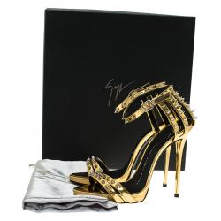 Pre Owned Giuseppe Zanotti Gold Metallic Spike Leather Ankle Strap Sandals Size 37