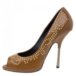 مملوكة مسبقًا Giuseppe Zanotti Brown Studded Leather Peep Toe Pumps Size 39