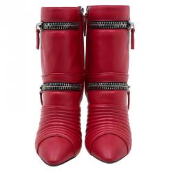 Pre Owned حذاء بوت جوسيبي زانوتي بسحاب مزدوج جلد مبطن أحمر مقاس 38.5