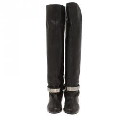 Pre Owned بوت فوق الركبة جوسيبي زانوتي فلات بادج الشعار جلد أسود مقاس 41