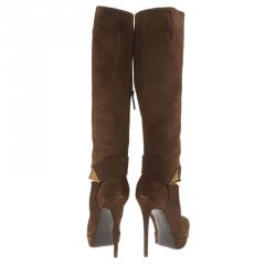 Pre Owned بوت ركبة جوسيبي زانوتي نعل سميك ترصيع هرمي سويدي بني مقاس 37.5