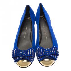 Pre Owned Giuseppe Zanotti Blue Suede and Gold Cap Toe Studded Bow Ballet Flats Size 38.5