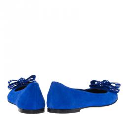 Pre Owned Giuseppe Zanotti Blue Suede and Gold Cap Toe Studded Bow Ballet Flats Size 38.5