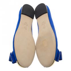 Pre Owned Giuseppe Zanotti Blue Suede and Gold Cap Toe Studded Bow Ballet Flats Size 38.5