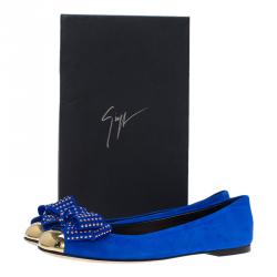 Pre Owned Giuseppe Zanotti Blue Suede and Gold Cap Toe Studded Bow Ballet Flats Size 38.5