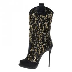 Pre Owned Giuseppe Zanotti Black Studded Leather Coline Peep Toe Mid Calf Boots Size 39