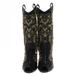 Pre Owned Giuseppe Zanotti Black Studded Leather Coline Peep Toe Mid Calf Boots Size 39