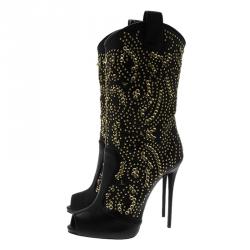 Pre Owned Giuseppe Zanotti Black Studded Leather Coline Peep Toe Mid Calf Boots Size 39