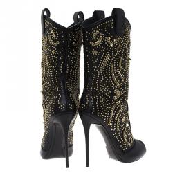 Pre Owned Giuseppe Zanotti Black Studded Leather Coline Peep Toe Mid Calf Boots Size 39