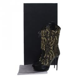 Pre Owned Giuseppe Zanotti Black Studded Leather Coline Peep Toe Mid Calf Boots Size 39