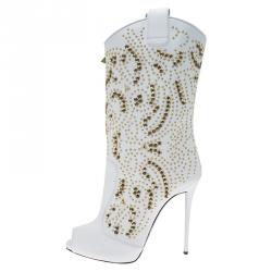 Pre Owned Giuseppe Zanotti White Studded Leather Coline Peep Toe Mid Calf Boots Size 38.5