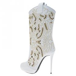 Pre Owned Giuseppe Zanotti White Studded Leather Coline Peep Toe Mid Calf Boots Size 38.5