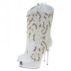 Pre Owned Giuseppe Zanotti White Studded Leather Coline Peep Toe Mid Calf Boots Size 38.5