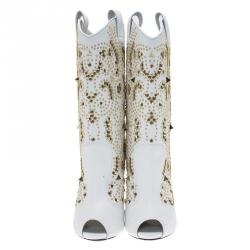Pre Owned Giuseppe Zanotti White Studded Leather Coline Peep Toe Mid Calf Boots Size 38.5