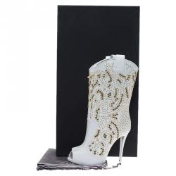 Pre Owned Giuseppe Zanotti White Studded Leather Coline Peep Toe Mid Calf Boots Size 38.5