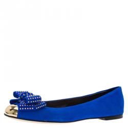 Pre Owned Giuseppe Zanotti Blue Suede and Gold Cap Toe Studded Bow Ballet Flats Size 38.5
