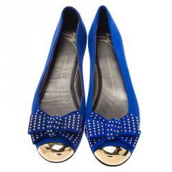 Pre Owned Giuseppe Zanotti Blue Suede and Gold Cap Toe Studded Bow Ballet Flats Size 38.5