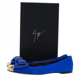 Pre Owned Giuseppe Zanotti Blue Suede and Gold Cap Toe Studded Bow Ballet Flats Size 38.5