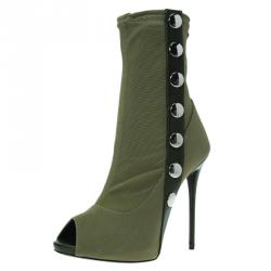 Pre Owned Giuseppe Zanotti Khaki Mesh and Leather Studded Peep Toe Ankle Boots Size 36