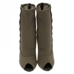 Pre Owned Giuseppe Zanotti Khaki Mesh and Leather Studded Peep Toe Ankle Boots Size 36