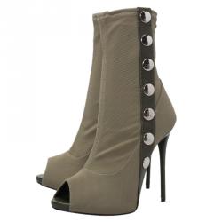 Pre Owned Giuseppe Zanotti Khaki Mesh and Leather Studded Peep Toe Ankle Boots Size 36