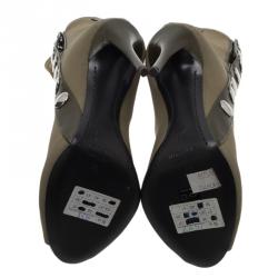 Pre Owned Giuseppe Zanotti Khaki Mesh and Leather Studded Peep Toe Ankle Boots Size 36