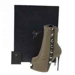 Pre Owned Giuseppe Zanotti Khaki Mesh and Leather Studded Peep Toe Ankle Boots Size 36