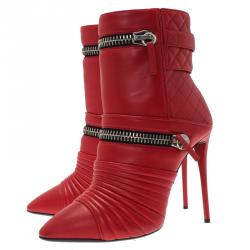 Pre Owned Giuseppe Zanotti Red Quilted Leather Double Zip Accent Boots Size 40