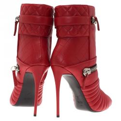 Pre Owned Giuseppe Zanotti Red Quilted Leather Double Zip Accent Boots Size 40