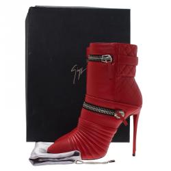 Pre Owned Giuseppe Zanotti Red Quilted Leather Double Zip Accent Boots Size 40