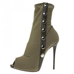 Pre Owned بوت للكاحل جوسيبي زانوتي كانفاس كاكي مرصع وجلد مقدمة مفتوحة مقاس 41