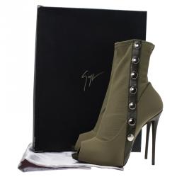 Pre Owned بوت للكاحل جوسيبي زانوتي كانفاس كاكي مرصع وجلد مقدمة مفتوحة مقاس 41