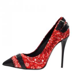 Pre Owned Giuseppe Zanotti Red Floral Satin and Leather Pumps Size 37.5