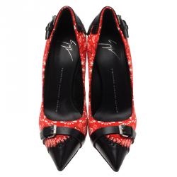 Pre Owned Giuseppe Zanotti Red Floral Satin and Leather Pumps Size 37.5
