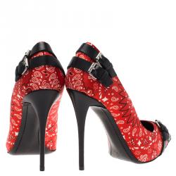 Pre Owned Giuseppe Zanotti Red Floral Satin and Leather Pumps Size 37.5