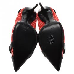 Pre Owned Giuseppe Zanotti Red Floral Satin and Leather Pumps Size 37.5