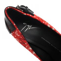 Pre Owned Giuseppe Zanotti Red Floral Satin and Leather Pumps Size 37.5